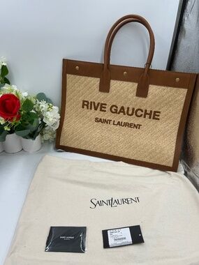 Women’s Saint Laurent RIVE GAUCHE tote bag. Natural sand RAFFIA/brown leather